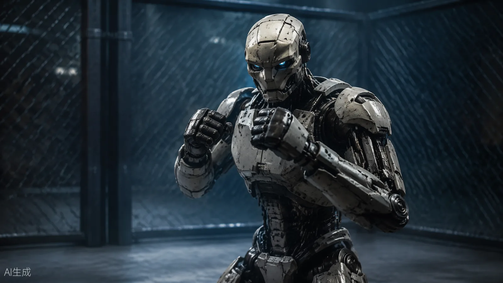 Humanoid robot mid-fight in a cage, poised in a tactical stance under cool analytical lighting (AI illustration)