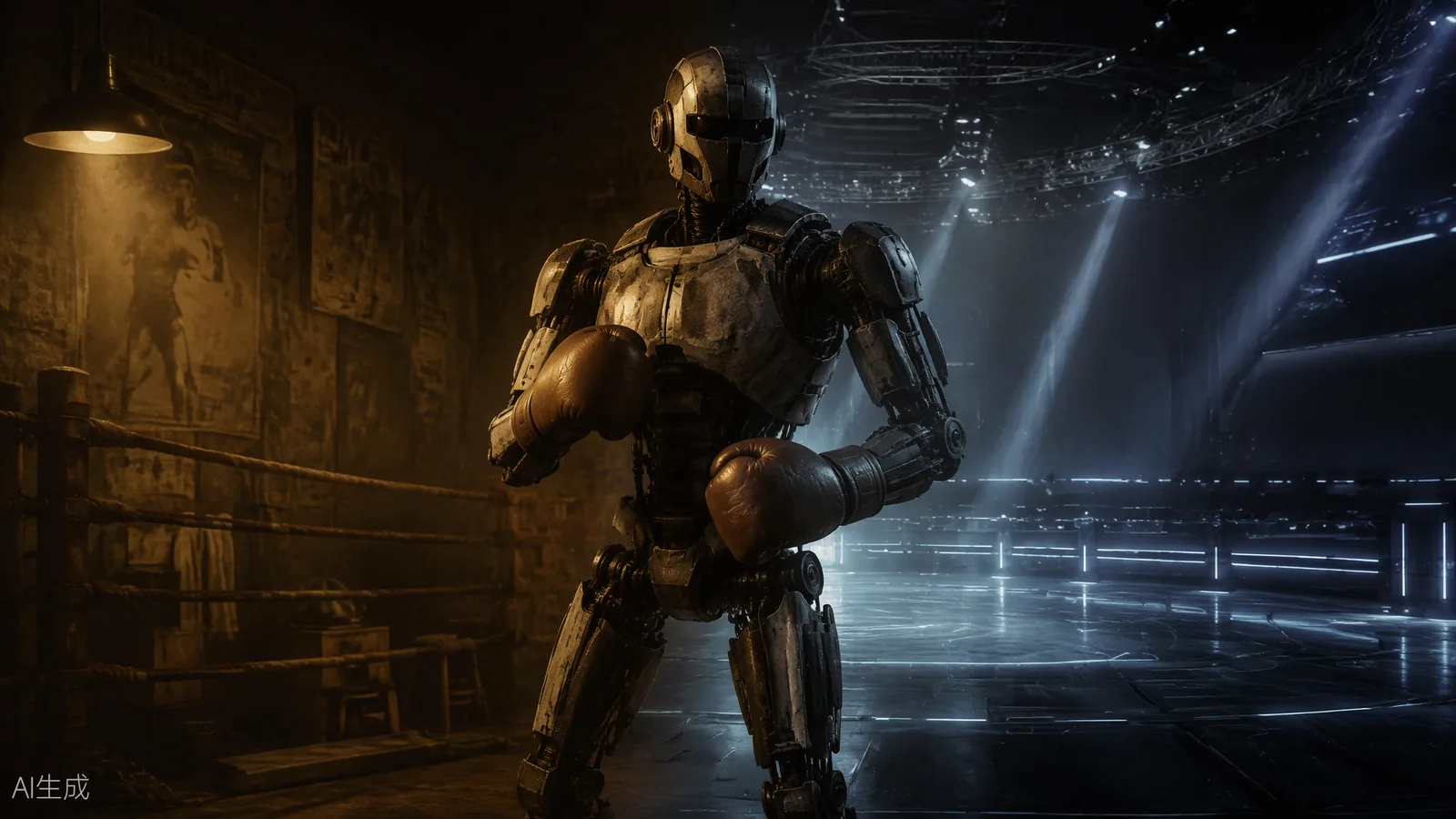 A humanoid robot boxer under warm nostalgic cinematic light gradually transitioning to a modern high-tech arena (AI illustration)