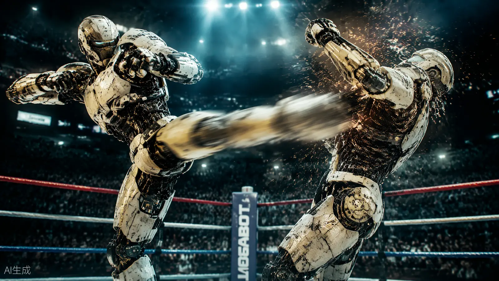 A humanoid robot throwing a kick at an opponent mid-fight in an arena, with motion blur (AI illustration)