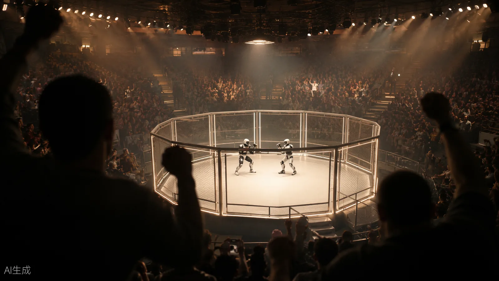 A humanoid robot boxing match seen from the spectator stands, bright arena lights, welcoming atmosphere (AI illustration)