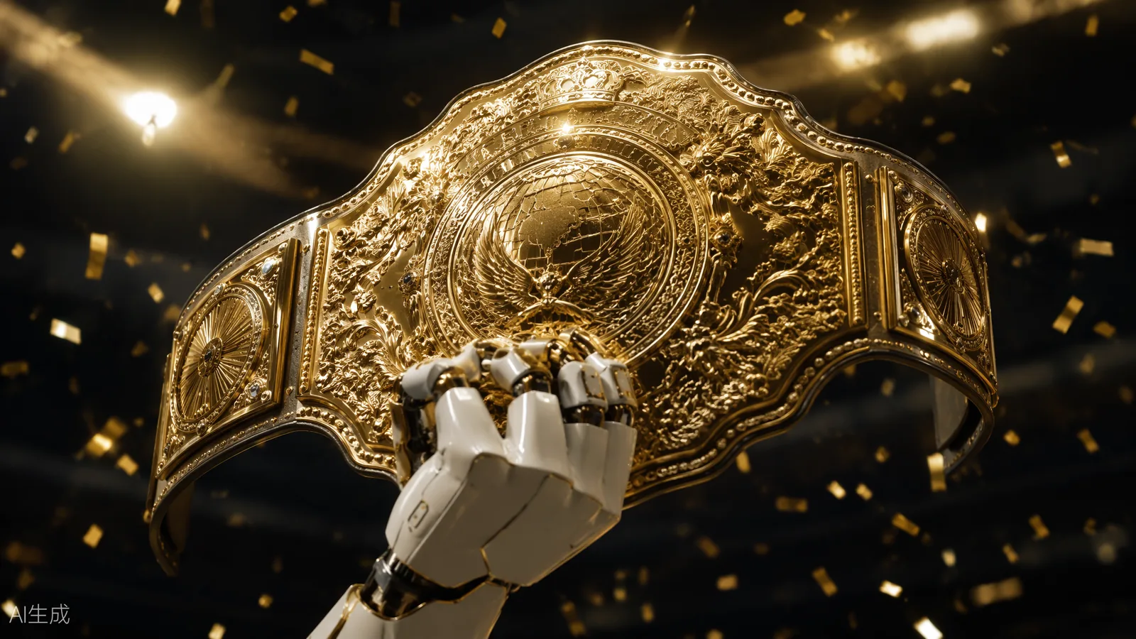 A pure gold championship belt lifted by a humanoid robot hand under arena spotlights (AI illustration)