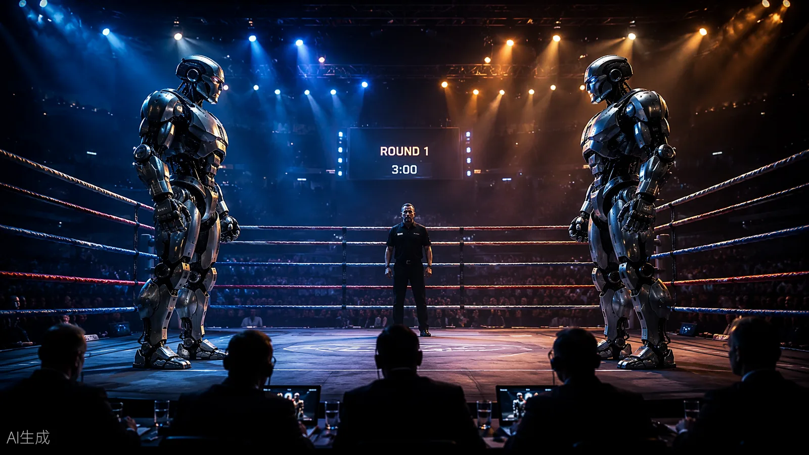 Two identical humanoid robots facing each other across a fight ring with officials at ringside (AI illustration)